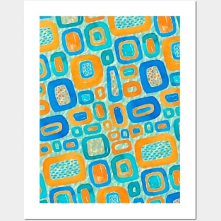 A vibrant pattern with blue and orange shapes reminiscent of retro designs Posters and Art